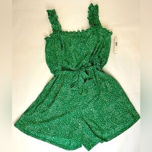 Green Dotted Smocked Romper with Tie Waist